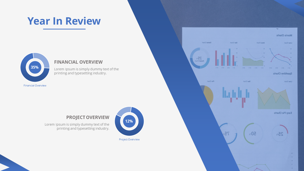 Year In Review features financial and project overviews with progress indicators, with a background of financial charts.
