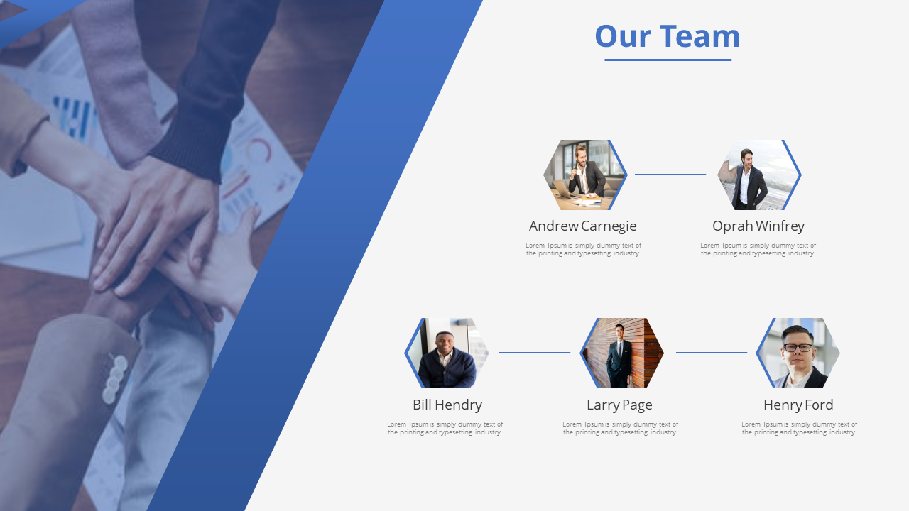 Our Team features photos of Andrew Carnegie, Oprah Winfrey, Bill Hendry, Larry Page, and Henry Ford, along with placeholders.