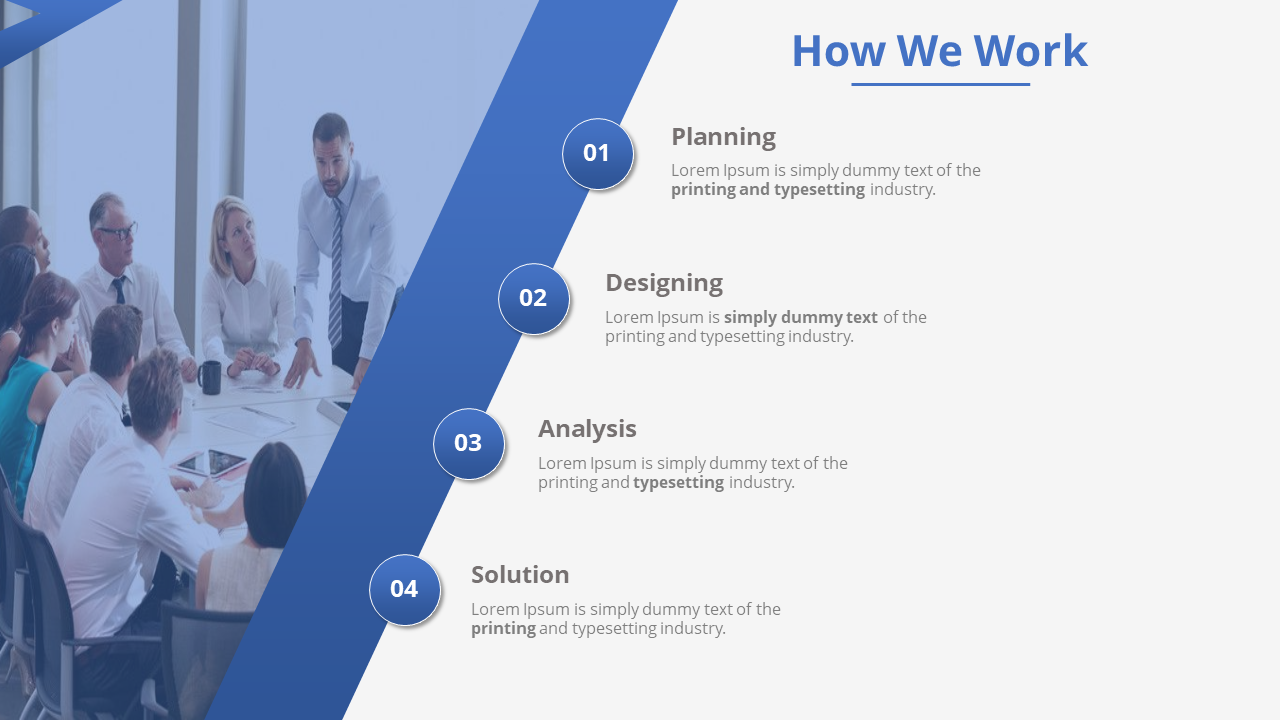 How We Work slide, featuring four key steps with placeholders for text descriptions and a group of professionals in meeting.