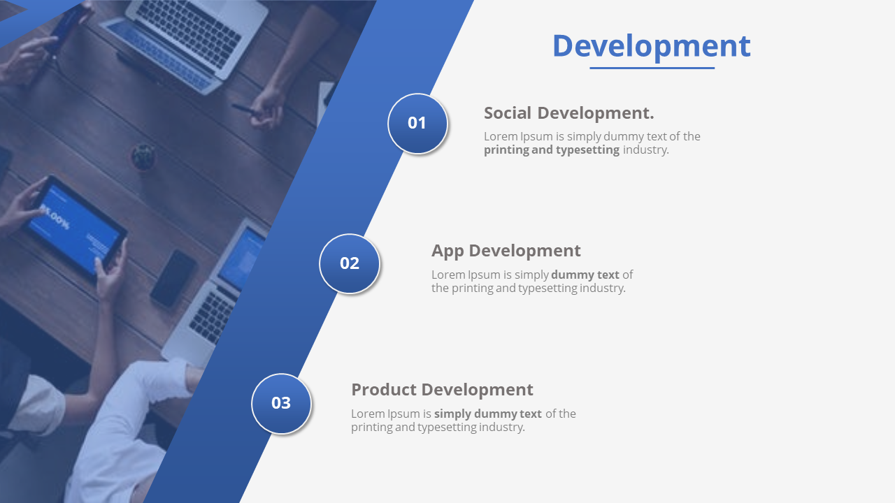 A development slide showing social development, app development, and product development with their respective descriptions.