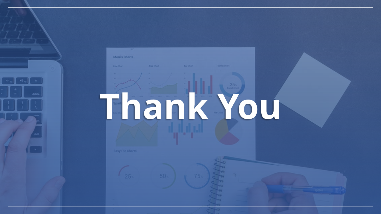 A thank you slide featuring a person working on a laptop with charts and a notebook in the background.