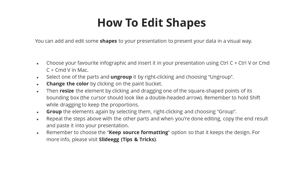 A guide on editing shapes in PowerPoint, including steps to ungroup, resize, and group elements again in white theme.