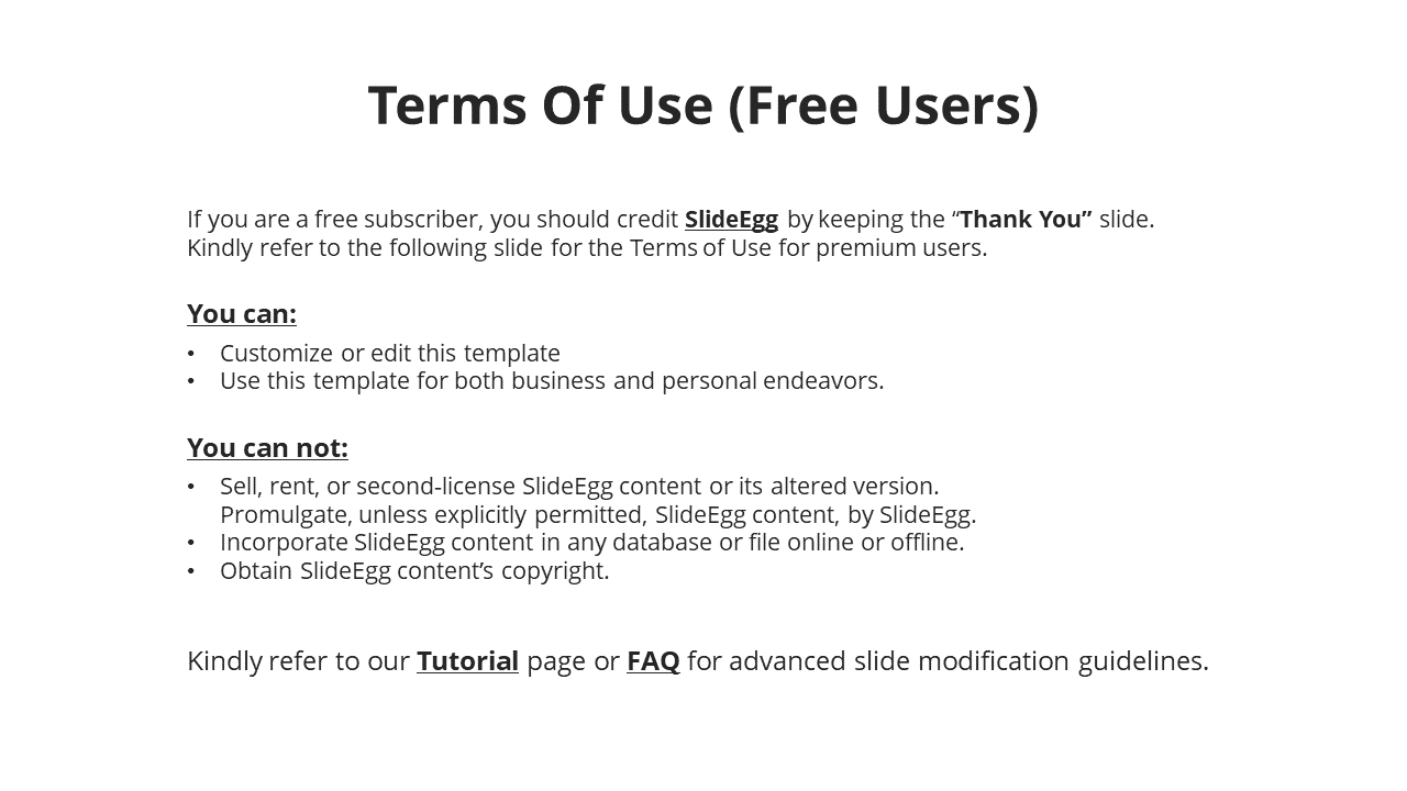 A slide outlining the terms of use for free users of SlideEgg, including restrictions and permissions in a white theme.