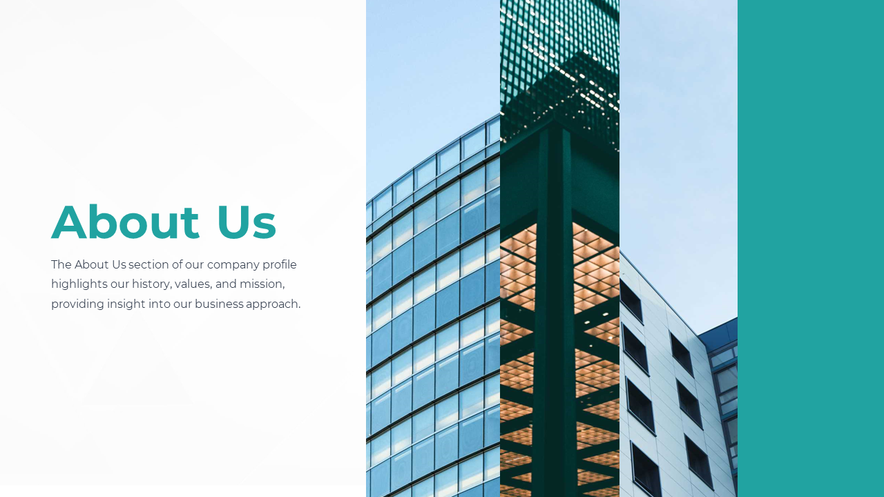 About Us slide with a photo of a modern office building, highlighting the company’s history, values, and mission.