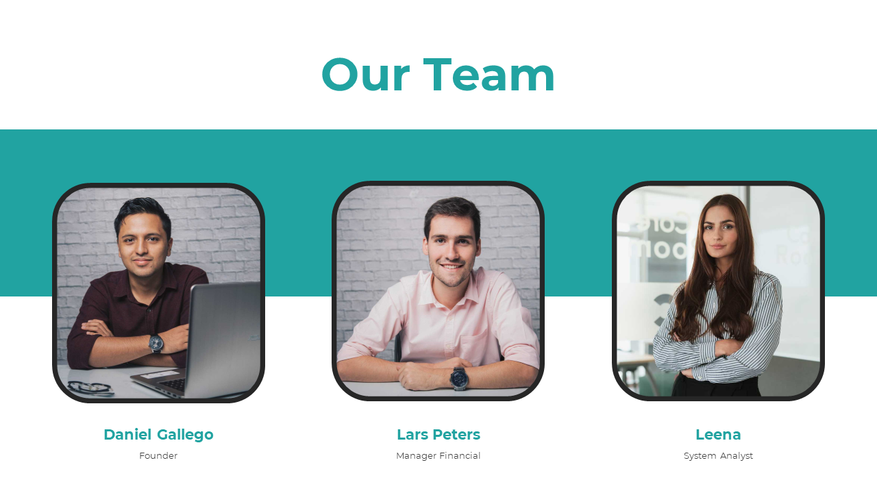 Team introduction slide featuring three team members with their respective roles displayed below their names in white theme.