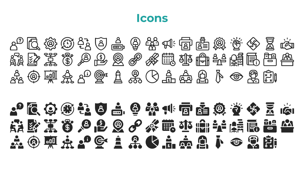 Slide featuring a variety of professional and business related icons such as charts, magnifying glasses, and office symbols.