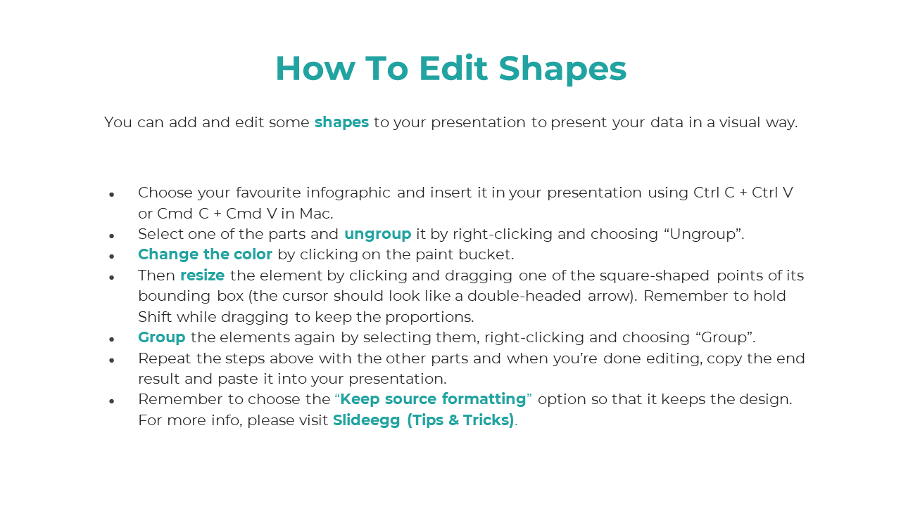 How To Edit Shapes guide showing step by step instructions on resizing, changing color, and grouping elements in PowerPoint.