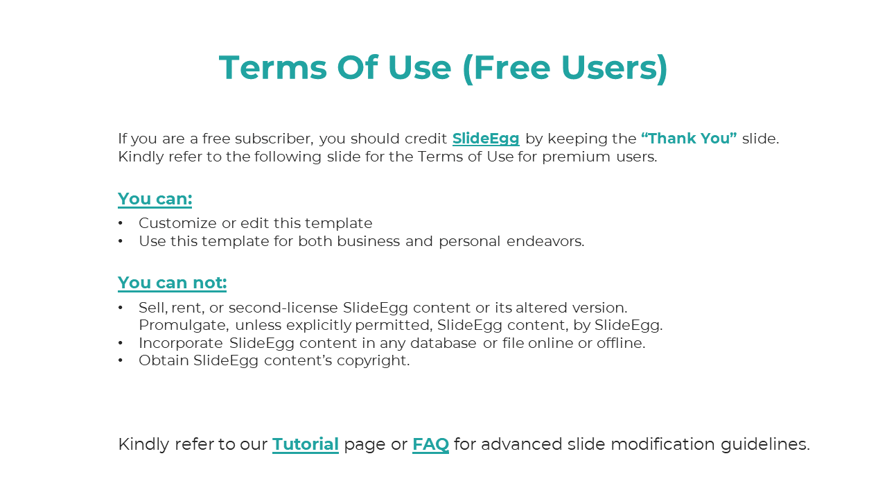 A slide detailing the terms for free users, including what can and cannot be done with SlideEgg content on a white backdrop.