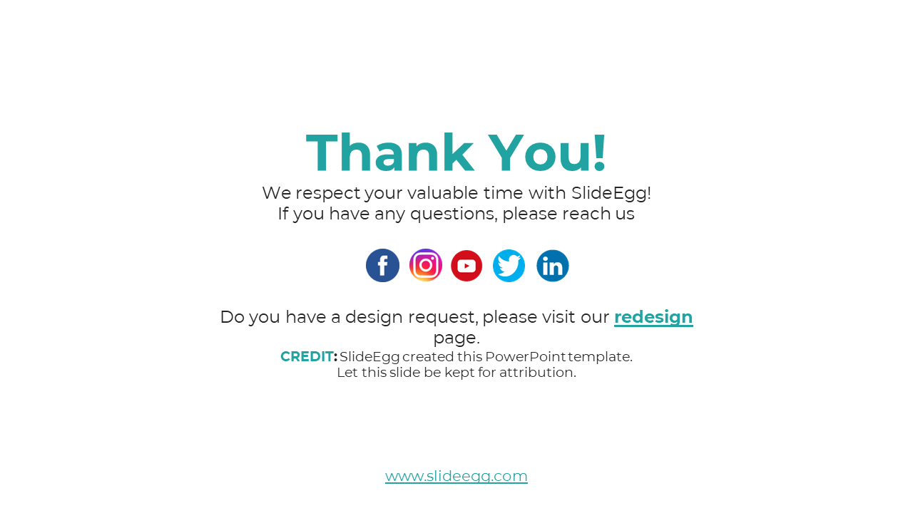 Thank You slide from SlideEgg, including contact links to social media and a design request prompt on a white backdrop.