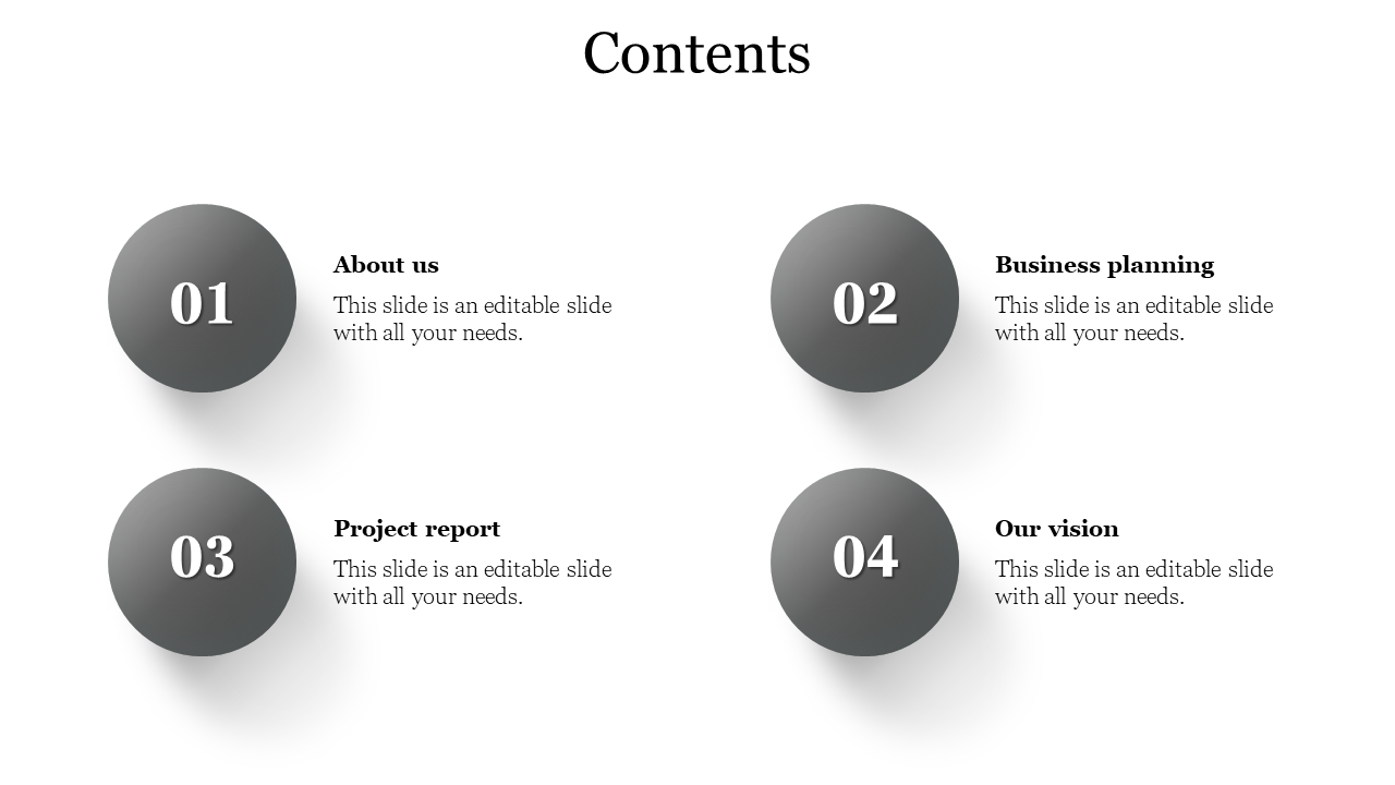 Contents slide with 4 numbered sections About Us, Business Planning, Project Report, and Our Vision, all with descriptions.