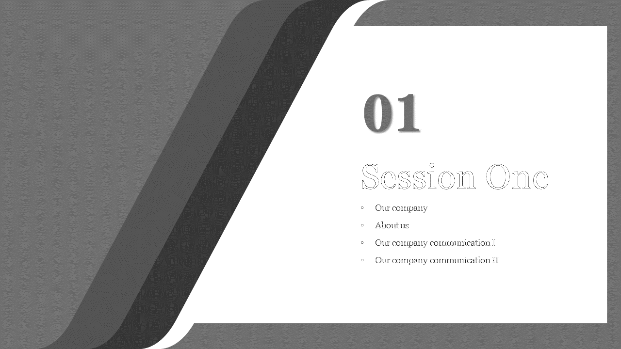 Session One with a numbered list of topics on a grey and white backdrop.