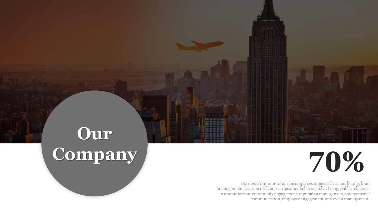 Slide featuring a city skyline background with an airplane flying and a large circle containing the text and a description.