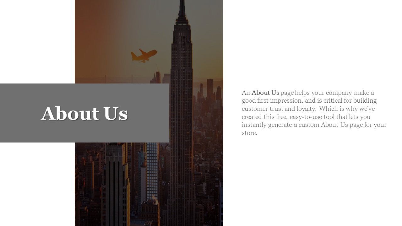 PowerPoint slide featuring a city skyline with an airplane in the background and the text about us on a grey banner.