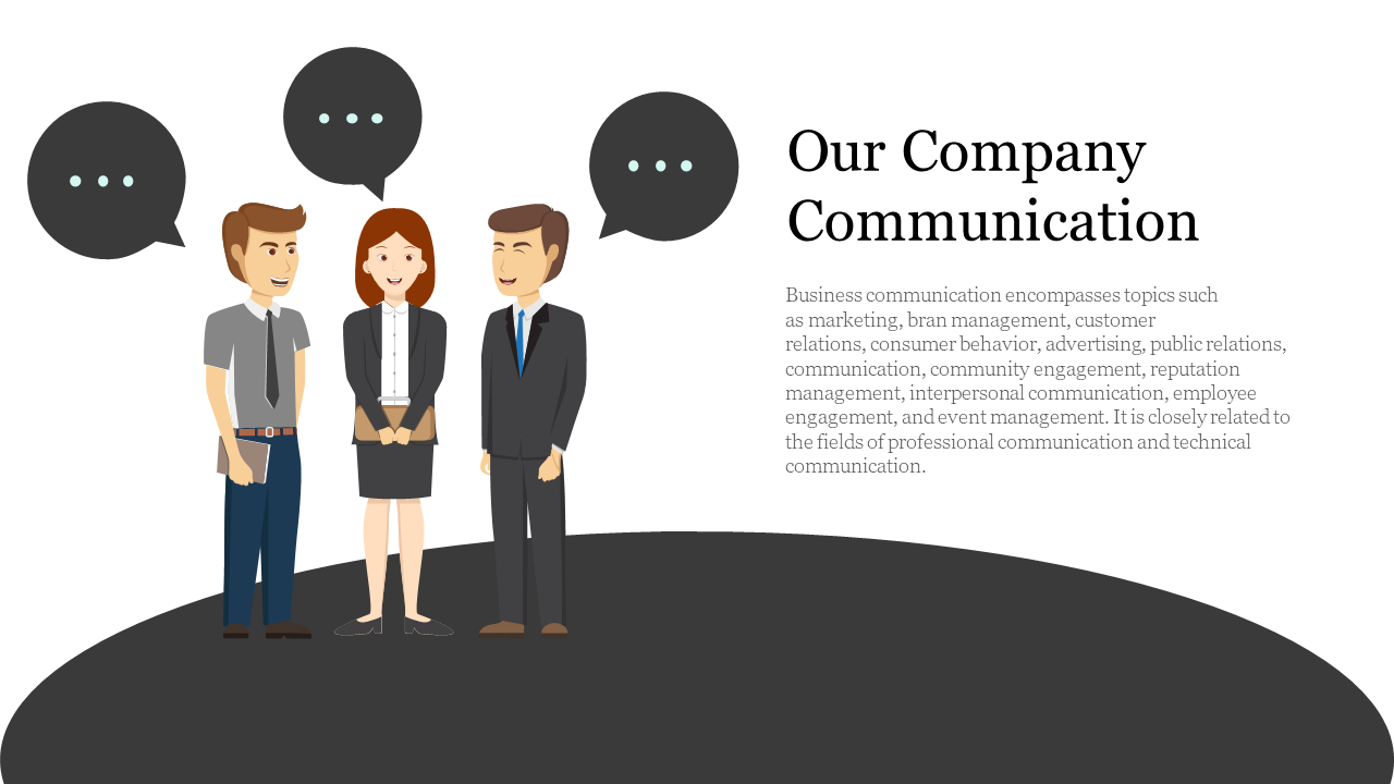 A business PowerPoint slide featuring a cartoon of three professionals having a conversation with speech bubbles.