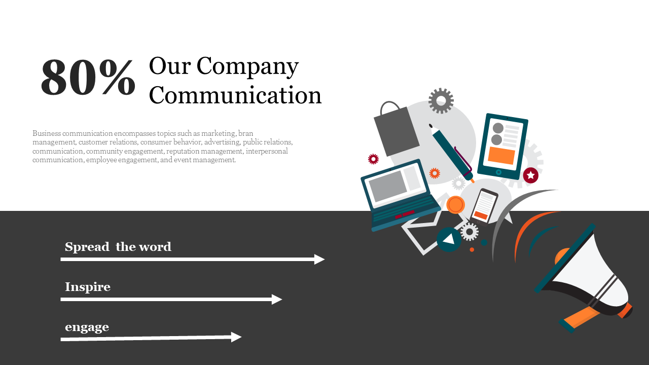 PPT slide with a focus on company communication features icons with arrows leading to the words in white and black theme.