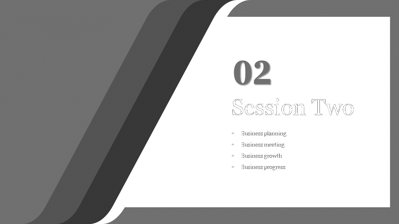 Session Two slide with a dark design, featuring the topics on a grey and white backdrop.