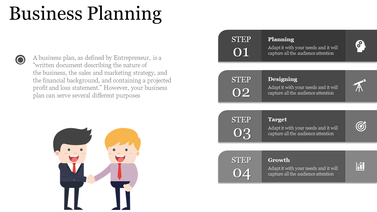 Business planning slide with a description of business plans and four black steps with illustrations of people and icons.