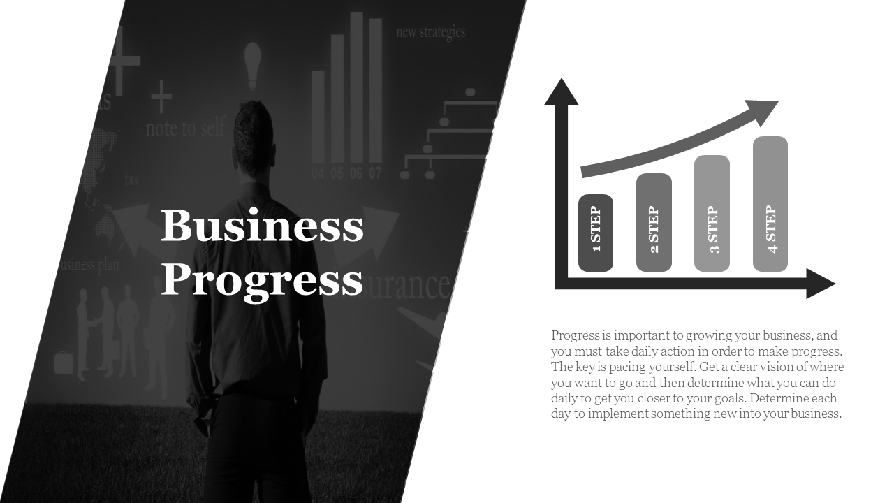 Business progress slide featuring a person looking at a background of business data and graphs with a 4 step progress chart.
