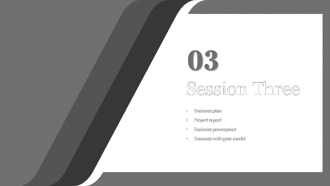 Session Three PowerPoint slide with a list of topics with gear model on a grey and white backdrop.