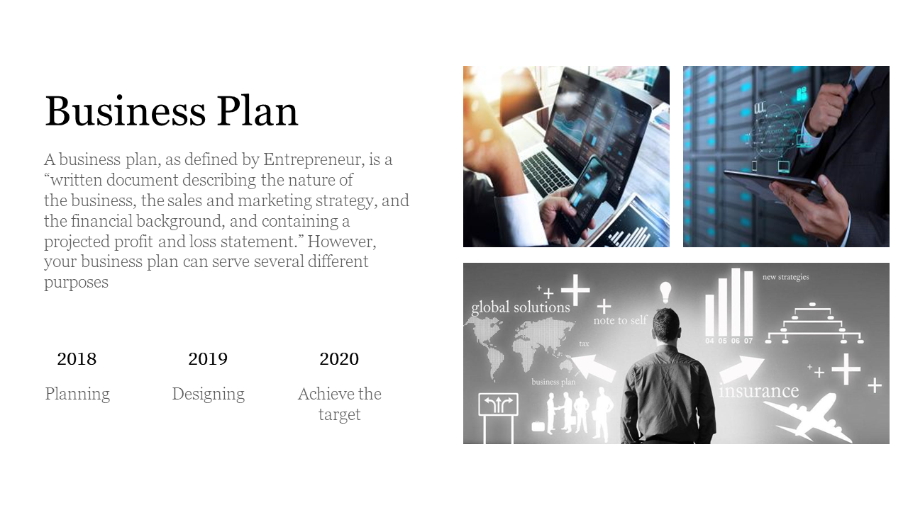 Business plan PowerPoint slide featuring key points on planning, designing, and achieving targets with images.