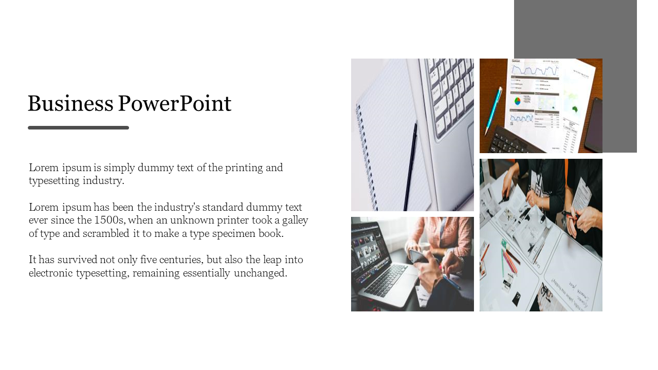 Business PPT slide featuring images of a keyboard, data reports, business meetings, and paperwork, with placeholder text.