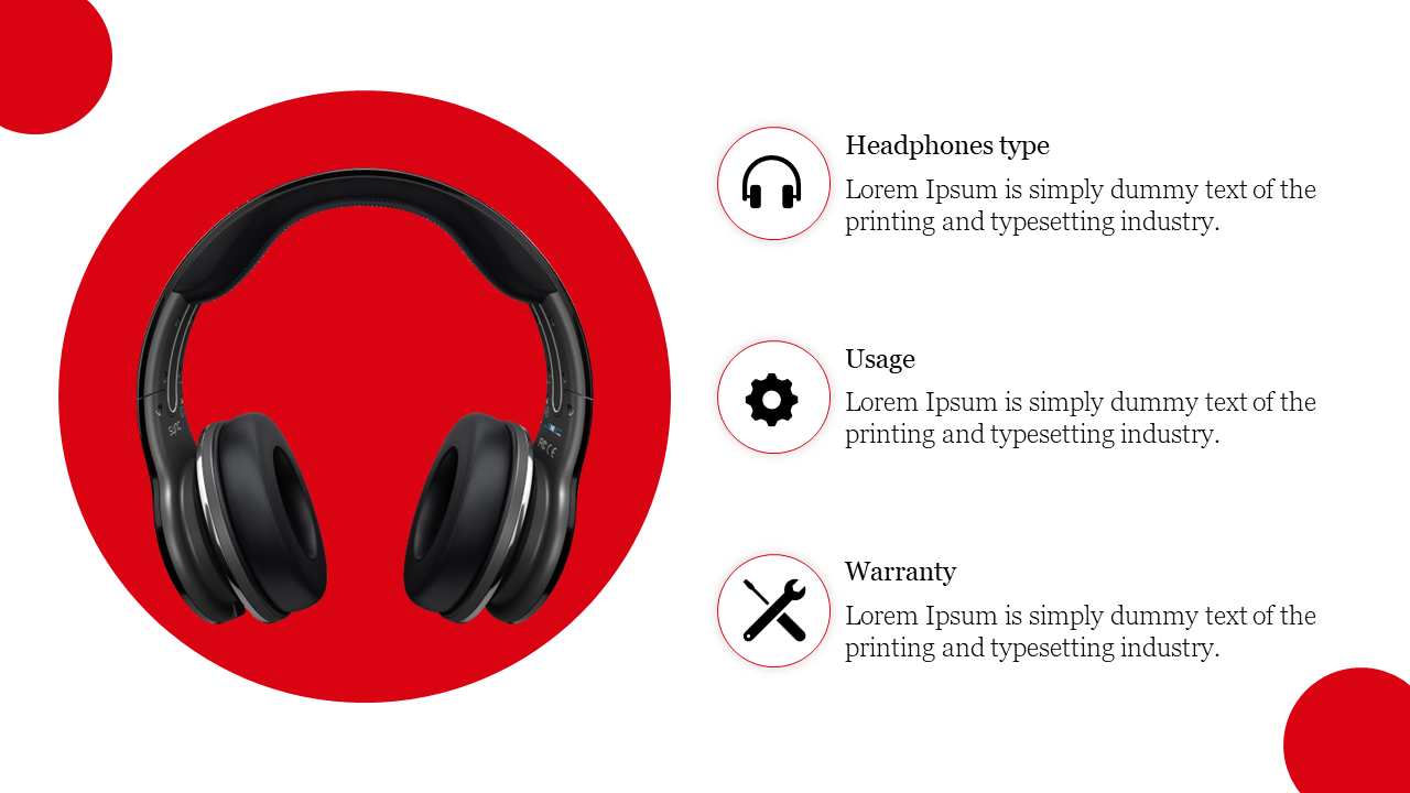 Red circle background showcasing wireless headphones with labels for headphone type, usage, and warranty in white theme.
