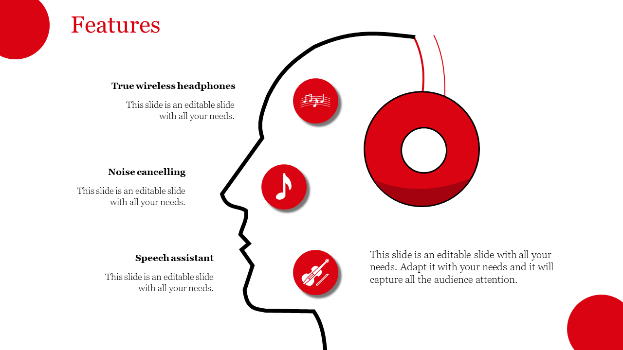 Illustration of headphones with three features placed inside a profile silhouette with music icons on a white backdrop.