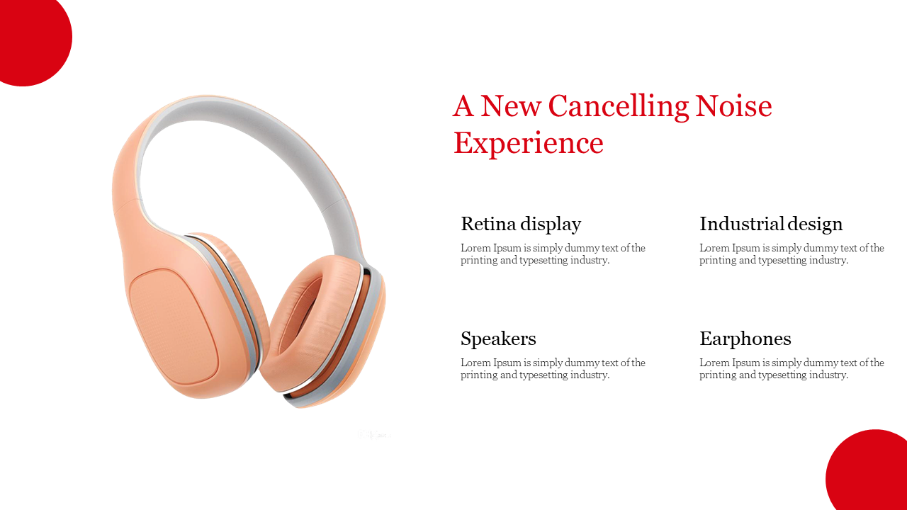 Orange headphones with gray accents, display features on a clean white background with text descriptions.