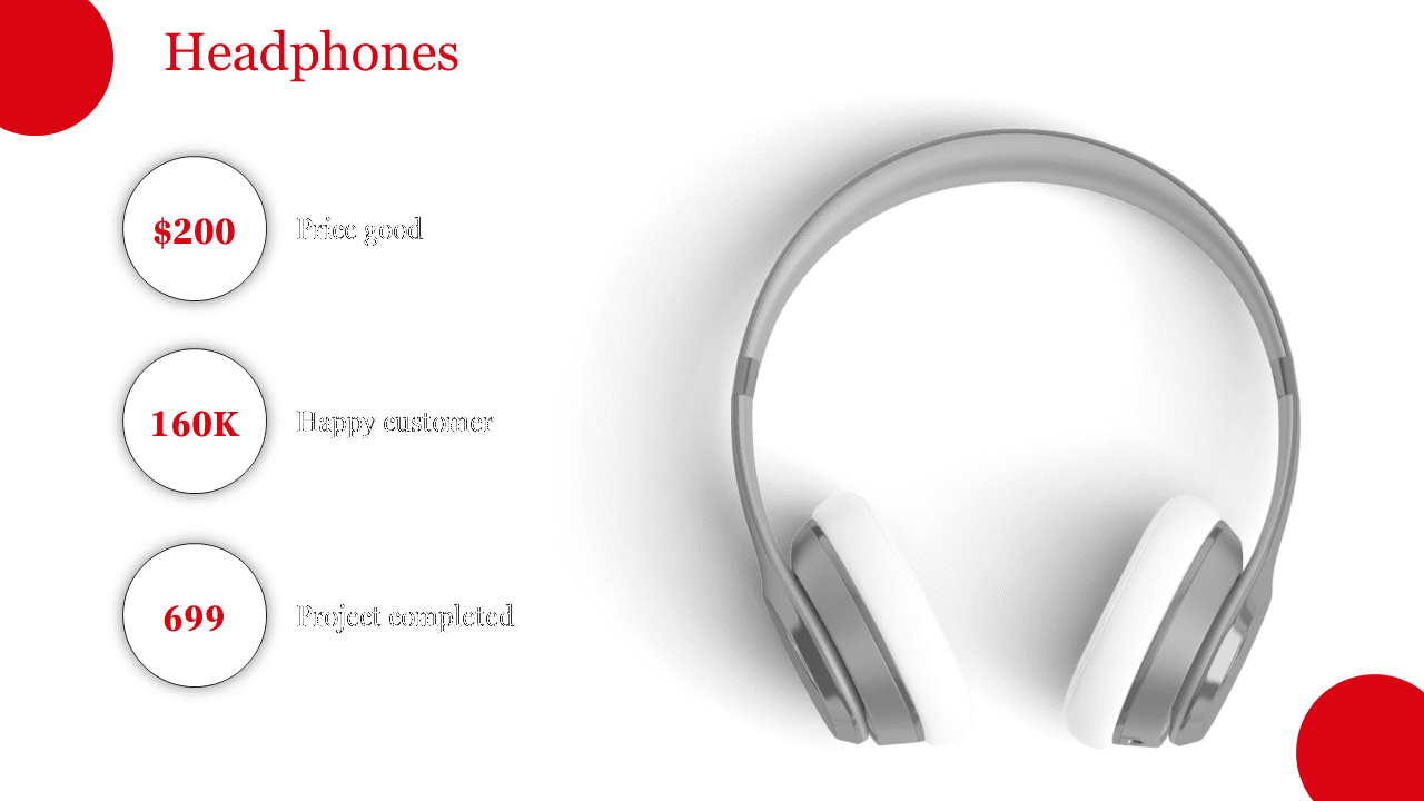Close up view of white headphones with a red and white color scheme, displaying key statistics on a white backdrop.