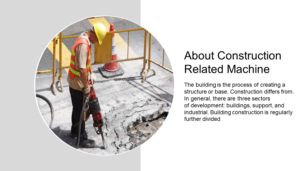 A construction worker using a jackhammer on a road with construction barriers, showing an overview of machines.
