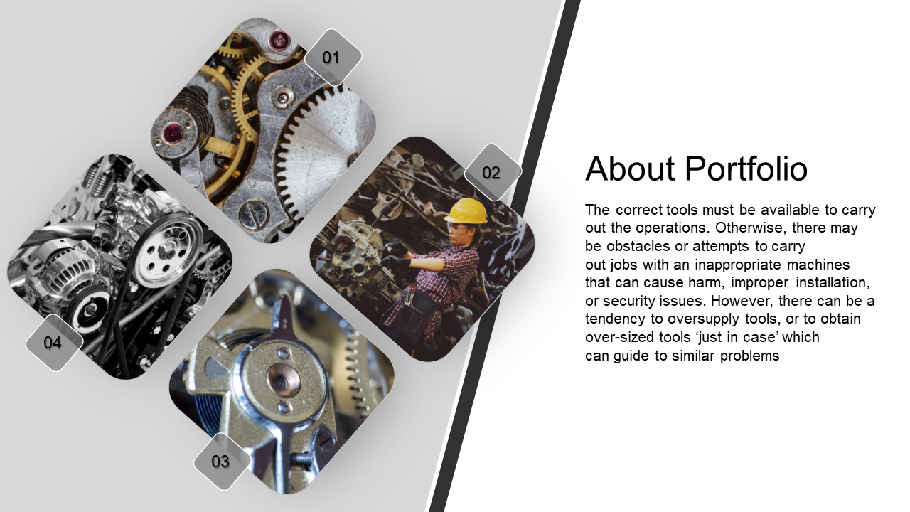 A set of images displaying close ups of mechanical systems and a worker handling tools on a white and grey theme.