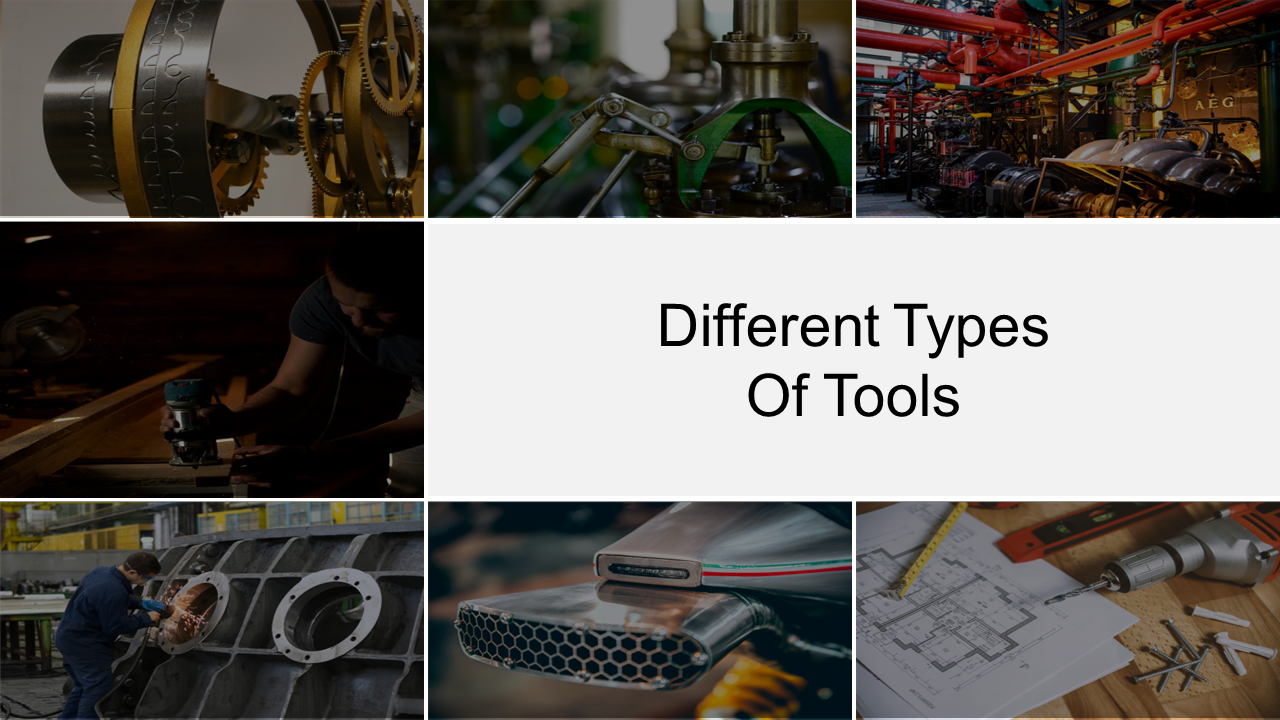 Collage of industrial tools, woodworking machinery, and mechanical parts used for construction and manufacturing processes.