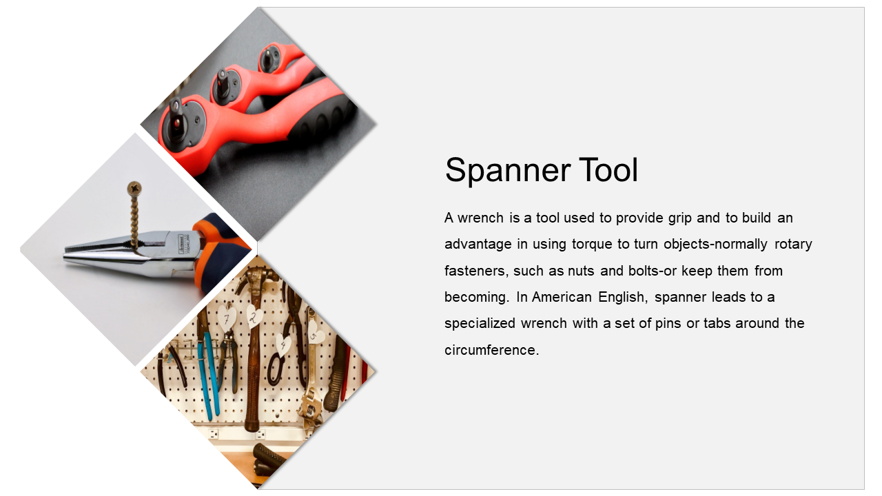 A person uses a wrench to tighten a screw with various tools hanging on the wall on a white backdrop.