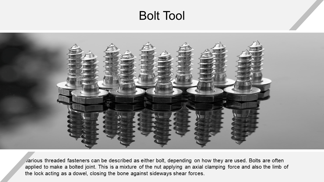 Close up of bolts with hexagonal heads arranged on a reflective surface in grey backdrop.