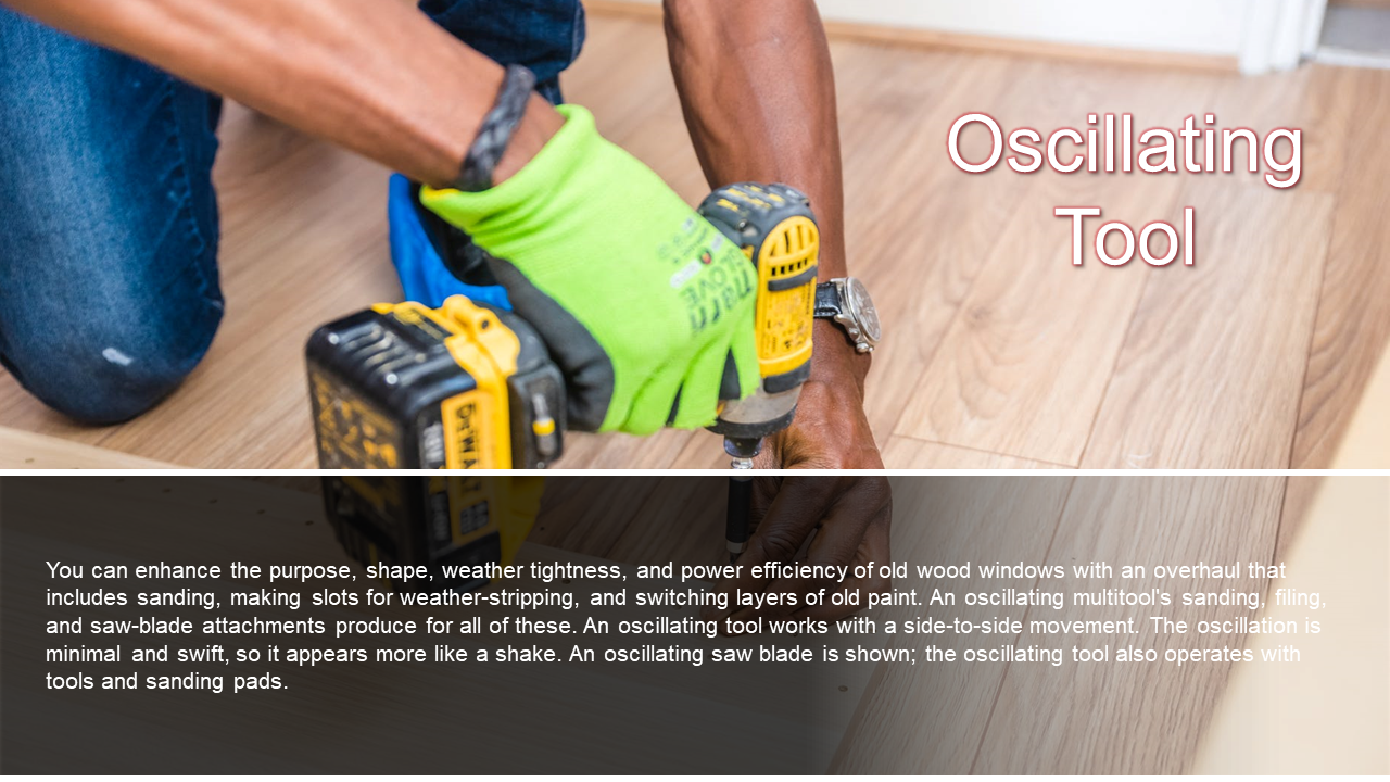 Close up of a person using an oscillating tool with a saw blade attachment on wooden flooring.