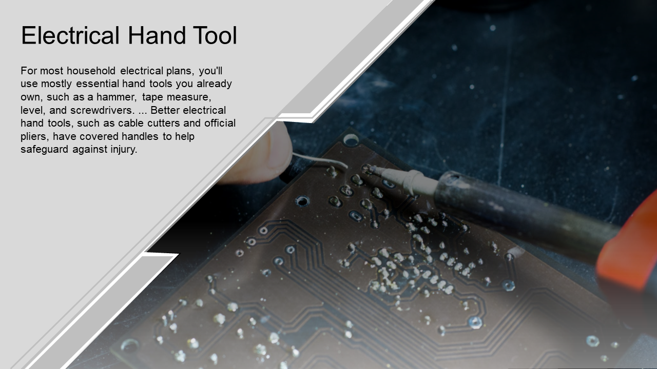 A person using a soldering iron to repair a circuit board, showcasing electrical hand tools on the grey theme.