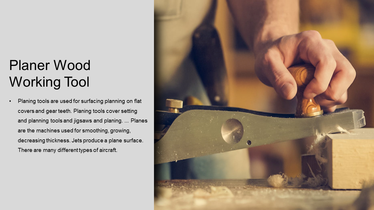 A close up of a hand using a planer to smooth wood, demonstrating a woodworking tool in action on a grey theme.