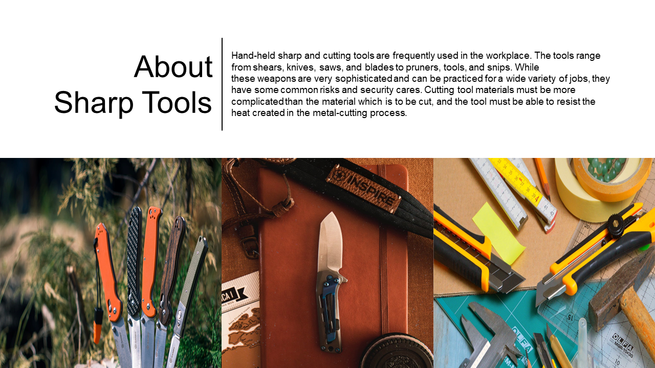 A collection of sharp cutting tools, including knives and scissors, is arranged on a surface in a white backdrop.