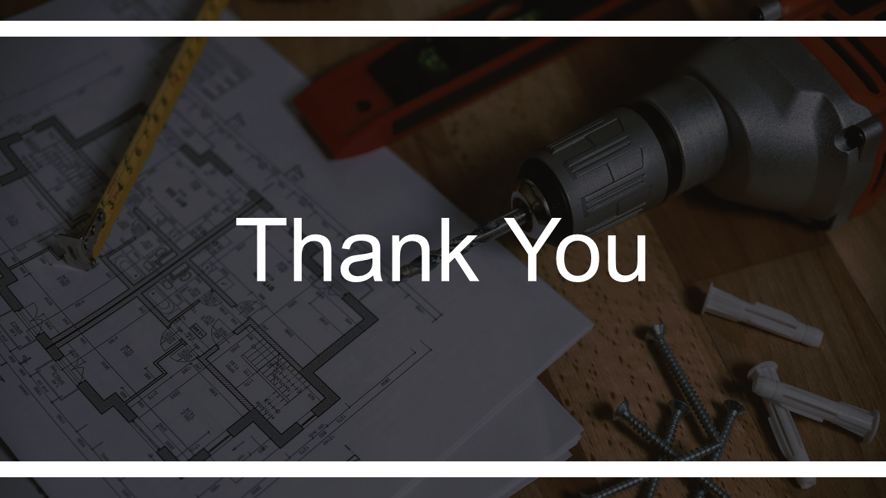 A thank you message over a background featuring construction tools and architectural plans.