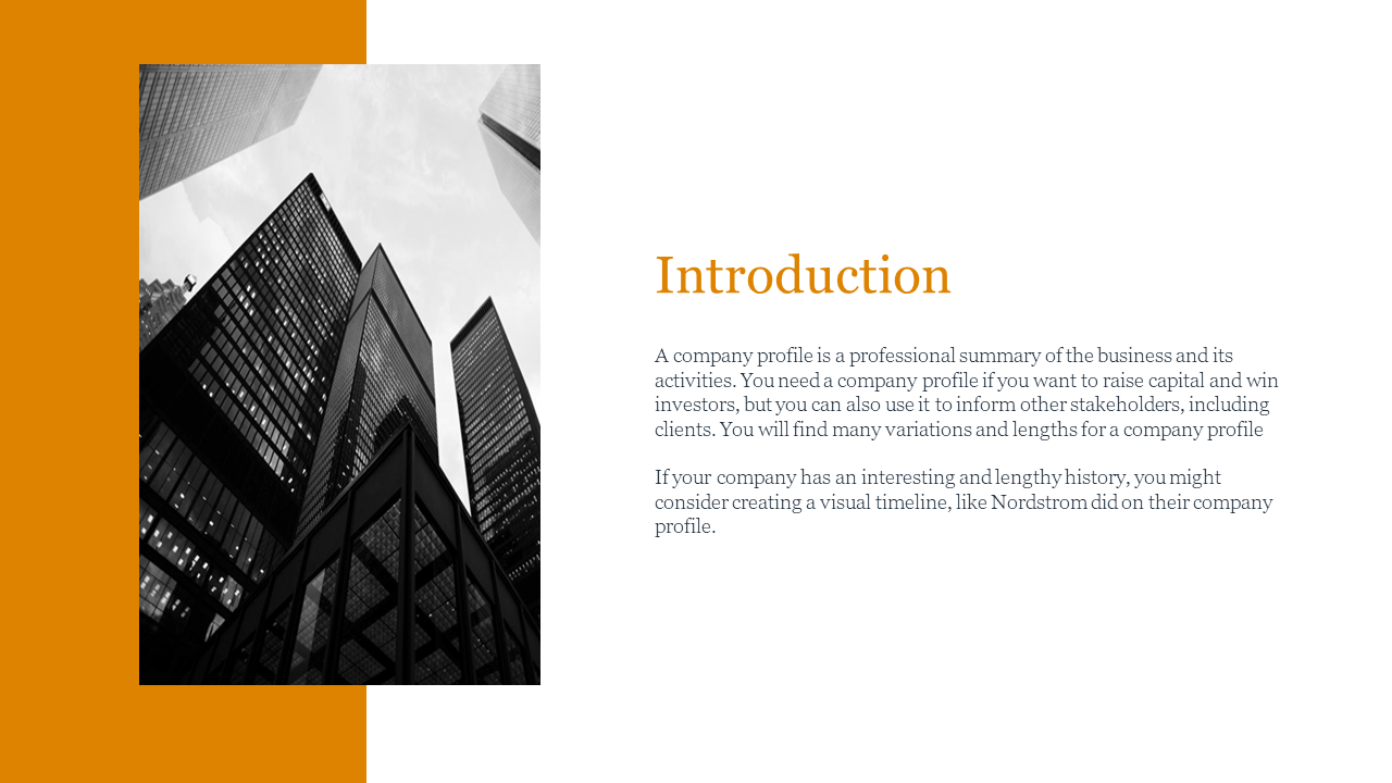 Introduction slide with an orange header labeled and an image of skyscrapers in black and white on the left.