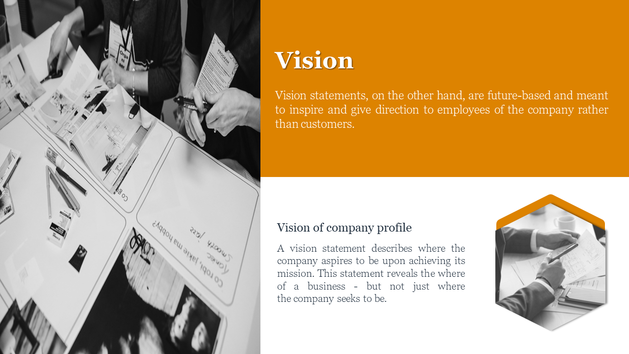 Company profile slide featuring the term vision with a description and a photo of two people working collaboratively.