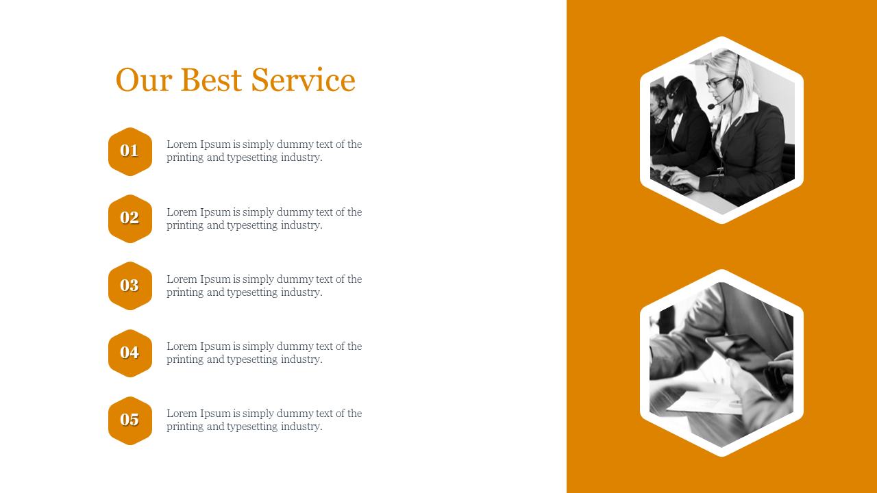 Slide with five numbered points about services, accompanied by images of a call center team on an orange and white theme.