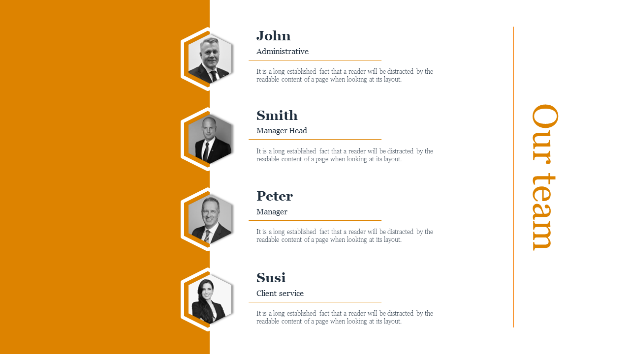 Team members with roles listed including John, Smith, Peter, and Susi with their images on an orange and white theme.