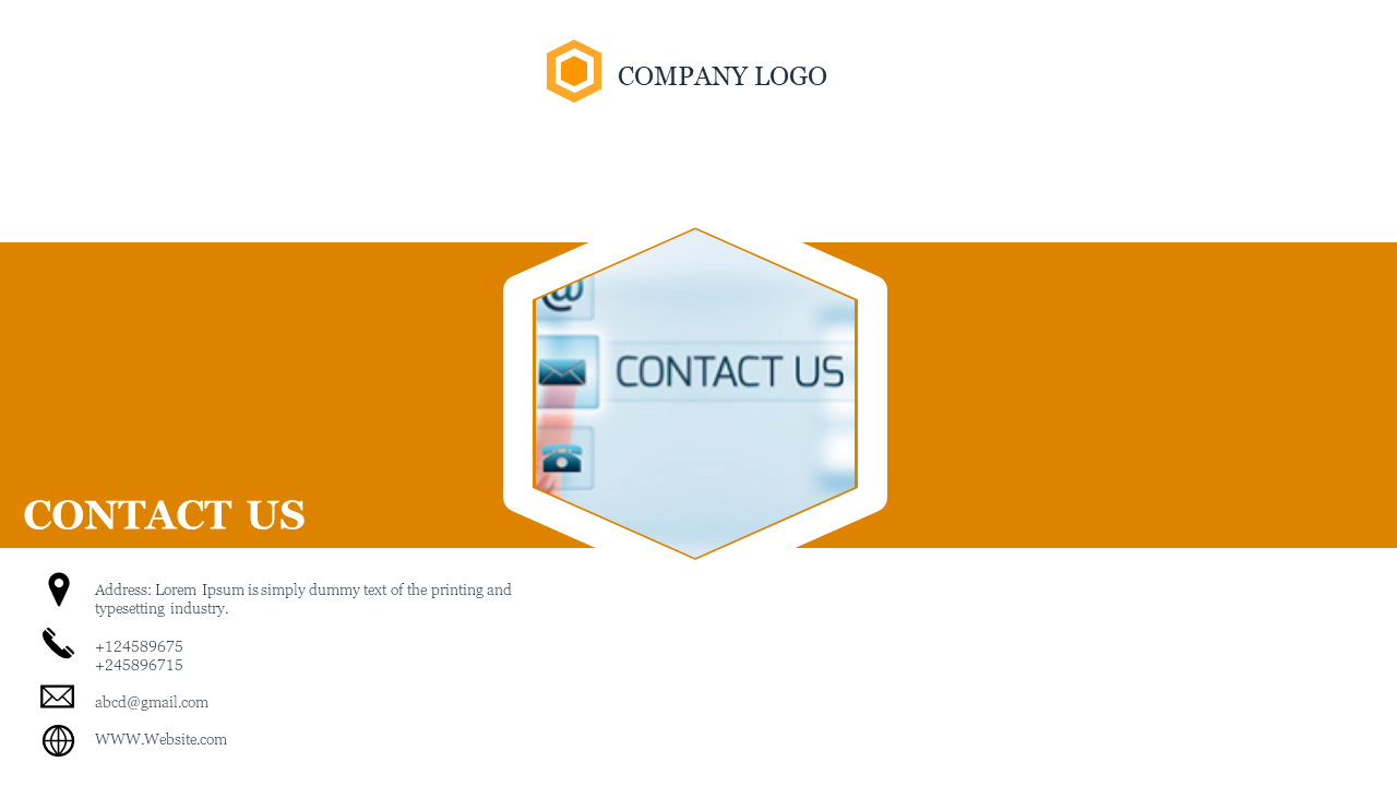 Contact Us slide featuring company logo, contact information with an image of contact icons with an orange and white theme.