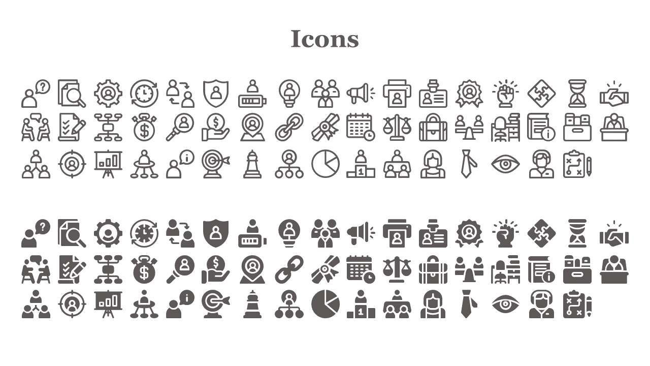 A collection of various business related icons such as people, graphs, magnifying glasses, and scales, organized in rows.