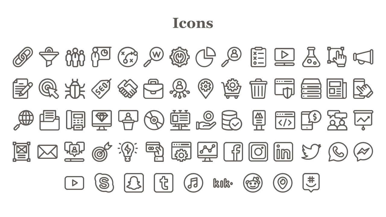 A collection of various web and business related icons, including social media, security, data, analytics, and communication.