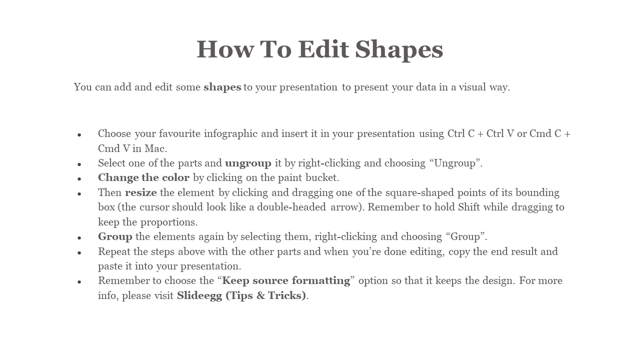A guide on how to edit shapes in a PowerPoint presentation, with instructions on ungrouping, and grouping elements.