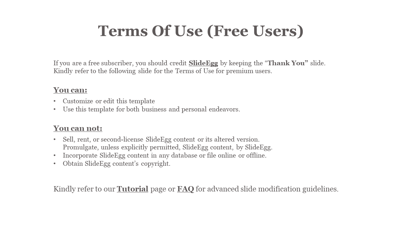 Terms of use slide for free users outlining customization permissions and restrictions for SlideEgg templates on white theme.