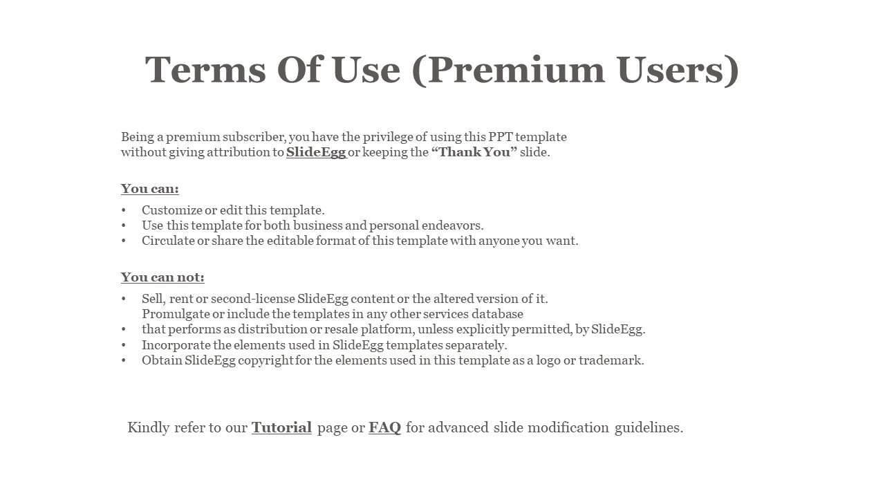 Terms of use slide for premium users, outlining their privileges of using SlideEgg templates on a white theme.