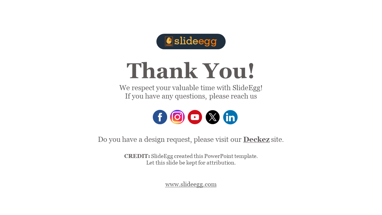 Thank you slide from SlideEgg, including social media icons and a call to action for design requests on a white theme.